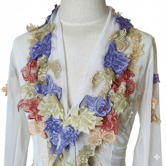 💥WOW! MANDALAY Fairy Sheer Appliqué Ruffled Collar Blouse Top Embellished Y2k - Picture 3 of 16
